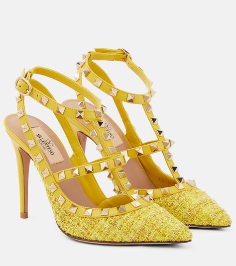 Yellow Shoes Heels, Valentino Studded Heels, Yellow High Heels, Everyday Heels, Shoes Png, Valentino Heels, High Sandals, Valentino Garavani Shoes, Heart Shoes