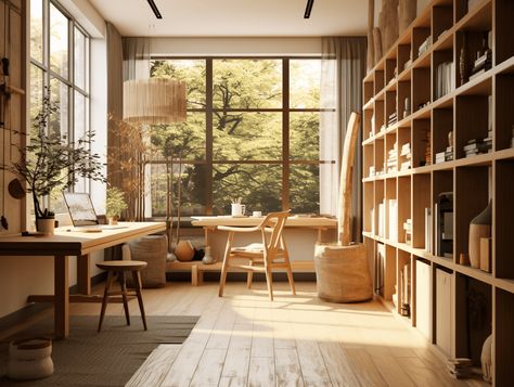 8 Ways to Create a Japandi Office for Sustainable Style - Melanie Jade Design Japandi Home Office Design, Japandi Window, Japandi Library, Japandi Desk, Work From Home Office Setup, Scandi Office, Japandi Office, Japandi Home Office, Minimalist Workspace