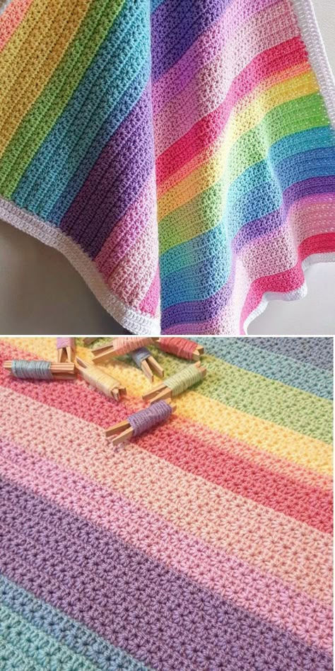 Crochet Pattern Rainbow Blanket, Ice Cream Yarn Crochet Patterns, Star Stitch Crochet Blanket, Rainbow Quilts Ideas Free Pattern, Crochet Blanket Stitches Easy, Twin Size Crochet Blanket Pattern Free, Crochet Kid Blanket, Crochet Multicolor Yarn, Crochet Blanket For Kids