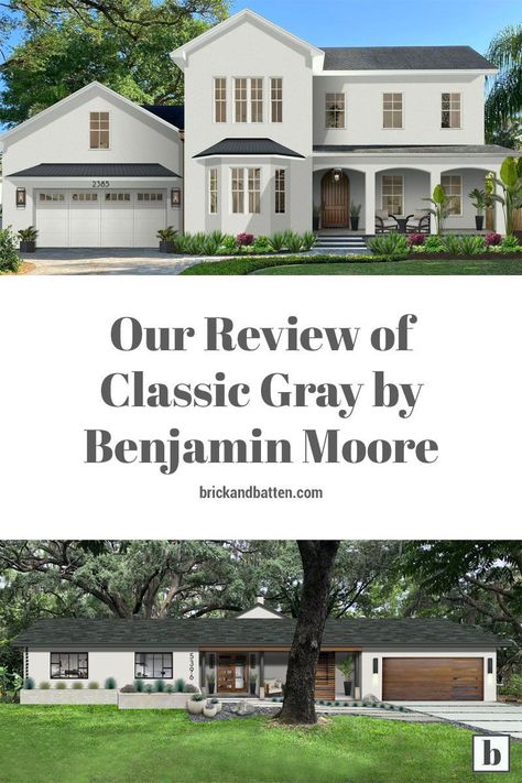 Benjamin Moore's Classic Gray is a lovely, versatile paint color that has 'classic' in its name for a reason. Check out this post to learn about Classic Gray's undertones, technical specs, recommended applications, pros and cons, and similar alternative paint colors. Let us be your exterior color consultant! #exteriordesign #curbappeal #exteriorpaint #exteriorpainting #ClassicGray #graypaint #benjaminmoore #paintcolors #homedesign Classic Gray House Exterior, Bm Classic Gray Exterior, Classic Grey Benjamin Moore Exterior, Rockport Gray Benjamin Moore Exterior, Classic Gray Exterior, Benjamin Moore Gray Exterior House Paint, Cromwell Gray Benjamin Moore Exterior, Classic Gray Exterior Benjamin Moore, Benjamin Moore Stonington Gray Exterior