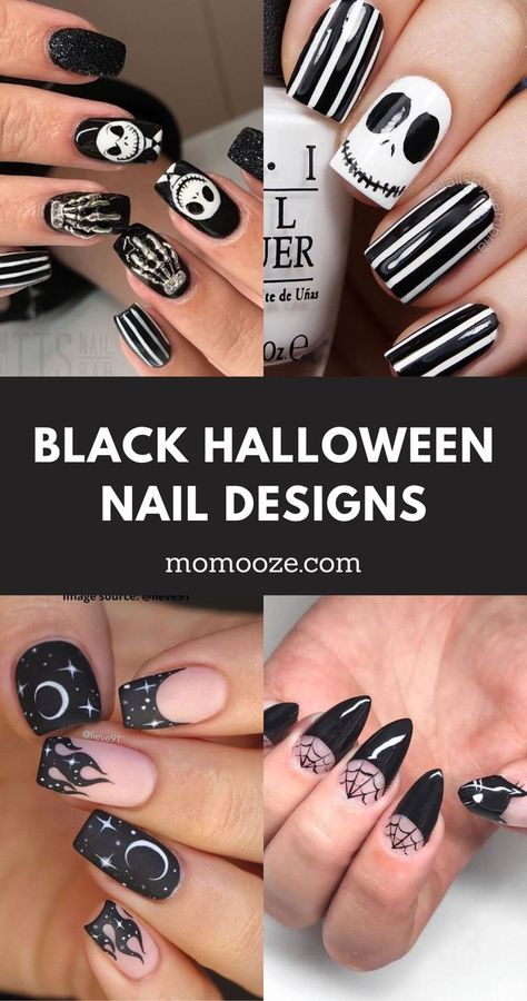 Halloween Nails 2023 Black, Black And White Halloween Nails Easy, Halloween Skeleton Nail Designs, Black Matte Nails Halloween, Easy Black Halloween Nails, Black And White Halloween Nail Designs, White And Black Halloween Nails, Halloween Nails At Home, Acrylic Halloween Nail Designs