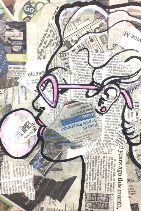 Pop Art Sketch, Bubble Collage Art, Paintings With Newspaper, Newspaper Painting Ideas, Painting Over Newspaper, Paint On Newspaper, Newspaper Pop Art, Painting On Newspaper Ideas, Pop Art Graphic Design