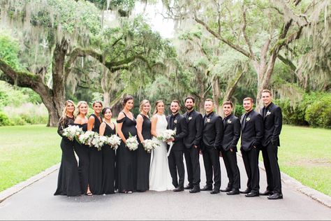 Wedding Party Dressed In Black, All Black Tux Groomsmen, Black Bridesmaid And Groomsmen Outfits, Bridal Party Black Suits, Wedding With Black Dress Code, Black Bridesmaid Dresses Bridal Party, Bridal Party Black Dresses And Suits, All Black Bridal Party Attire, Bridal Party All Black