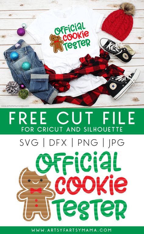 Official Cookie Tester Shirt with Free Cut File | artsy-fartsy mama Christmas Cookie Svg Free, Cookie Tester Shirt, Cookie Tester Svg, Official Cookie Tester Svg, Christmas Svg Free, Official Cookie Tester, Cricut Christmas Ideas, Holiday Diy Projects, Free Svgs