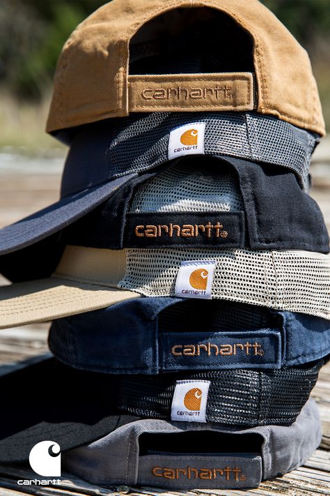 When you want something comfortable to keep the sun out of your eyes, this cap gets the job done. Carhartt Cap Outfit, Men Hats Styles Cap, Palace Clothing, Men Hats Styles, Workwear Store, Carhartt Cap, Camo Gear, Outback Hat, Carhartt Logo