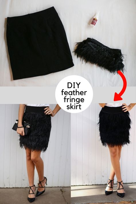 DIY feather fringe skirt holiday fashion | fashion tips | outfit ideas | style tips | fashion blog | style inspiration Feathers Skirt Outfit, Diy Feather Dress, Add Fringe To Dress Diy, Great Gatsby Party Outfit Diy, Feather Skirt Diy, Gatsby Party Outfit Diy, Fringe Skirt Diy, Glamorous Party Skirt With Feather Trim, Feather Skirt Outfit