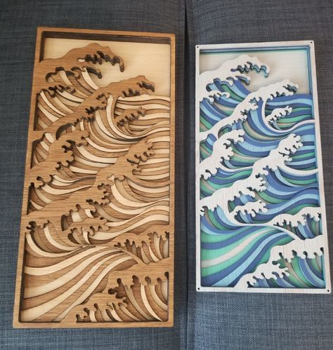 "Custom made Wave Wood Art Pieces that come unpainted and unglued, Painted and Glued, Stained and Glued.  Keep in mind they are very delicate until all the pieces are bonded together   3D Wood Design come in 4 base sizes,   Other sizes can be customized to order for additional cost.  **This is for ONE art piece of the Ocean Waves. THREE are shown for comparison.  They can be painted, stained or left natural. (IMPORTANT-Ready 4U to finish version means you the buyer understands that pieces will n Laser Cut Wall Art, Wood Art Design, Laser Cut Wood Crafts, Laser Engraved Ideas, Layered Art, Laser Art, Wood Creations, 3d Wall Art, First Art