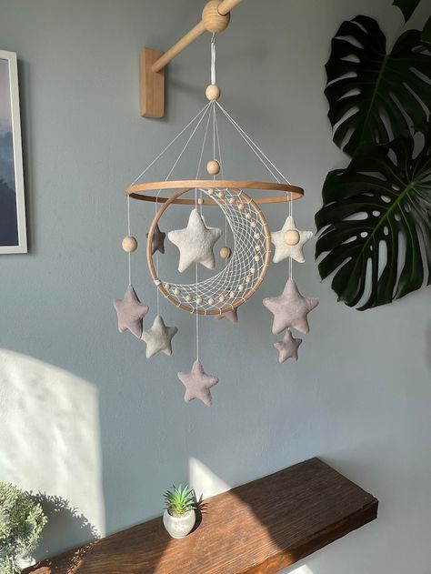 Moon and Star Crib Mobile Macrame Baby Mobile Nuetral Baby - Etsy Australia Diy Cot Mobile Ideas, Hippie Baby Nursery, Baby Macrame Ideas, Macrame Mobile Nursery, Macrame Baby Room, Baby Mobile Diy, Macrame Baby Mobile, Macrame Mobile, Moon Macrame