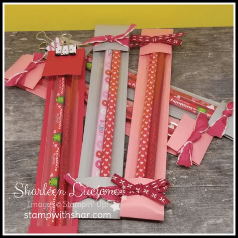 Learn how to create these Pencil Holders. Buy Stampin' Up! products online 24/7 from Sharleen Luciano Pencil Gift Ideas, Craft Fair Display Table, 2023 Crafts, Diy Pencil Holder, Cardstock Crafts, Ribbon Holders, December Crafts, Pencil Holders, Fair Display