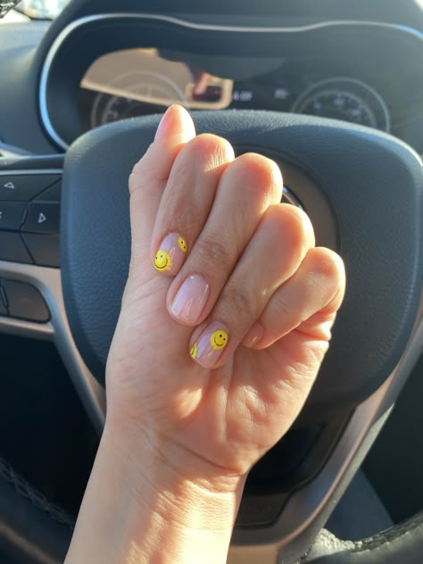 smiley face gel nails Short Nails With Smiley Faces, Short Nails Stickers, Cute Nails For Teachers, Clear Smiley Face Nails, Happy Nails Short, Smiley Face Nails Natural, Smiley Nails Short, Smiley Face Nails Men, Smile On Nails