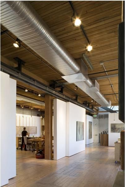 Interior Beams, Exposed Ductwork, Board Flooring, Mil Suite, Garage Art Studio, Sliding Walls, Artist Space, Studio Floor Plans, Hvac Design