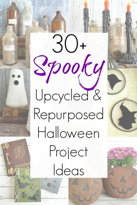 Halloween and upcycling are a match made in DIY heaven - and this collection of repurposed projects for Halloween decor that Sadie Seasongoods compiled is CHOCK FULL of spooky inspiration. Get all the DIY inspiration you need for spooky and scary Halloween decorations at www.sadieseasongoods.com . #halloweendecor #halloweendecorations #halloweencrafts #halloweendecorationideas #diyhalloween #diyhalloweendecorations #thriftstorefinds #spooky #spookyseason #halloweencraftsdiydecorations Diy Halloween Decorations Upcycle, Diy Free Halloween Decorations, Diy Spooky Decor Outdoor, Free Diy Halloween Decorations, Repurpose Halloween Decor, Halloween Decor To Make And Sell, Diy Halloween Decor To Sell, Diy Recycled Halloween Decorations, Upcycled Halloween Decor