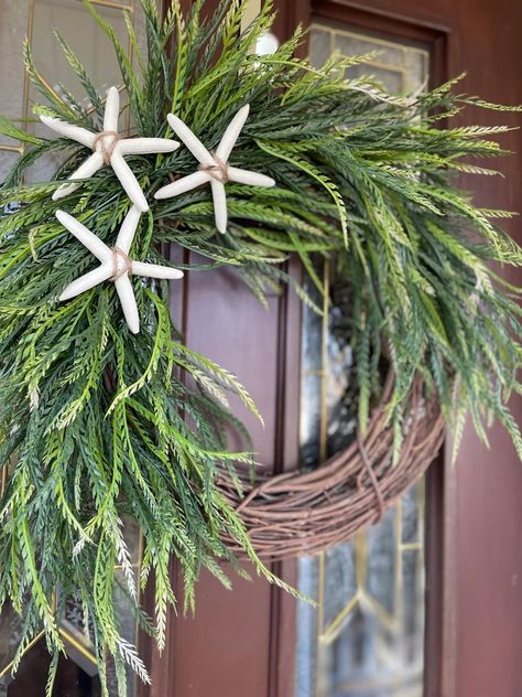 Beach Wreath for Front Door, Starfish Wreath, Coastal Decor, Neutral Year Round Ocean Wreath, Cascading Greenery Wreath, Sawgrass Wreath - Etsy