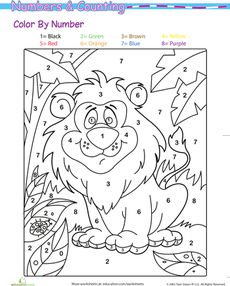 Color by Number: Lion in the Jungle Worksheet Preschool Jungle, Preschool Worksheets Free Printables, Color By Number Printable, Free Preschool Worksheets, Preschool Colors, Printables Free Kids, Number Worksheets, Color By Numbers, Color By Number