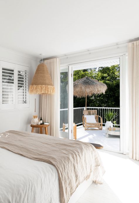 An expansive Noosa home with white on white interiors Coastal Style Windows, Bedroom With Balcony Interior, Bedroom Deck Ideas Balconies, Bedroom With Balcony Ideas, Decorating Beach House, Balcony Off Bedroom, Coastal Balcony, Bedroom Balcony Ideas, Portugal Apartment