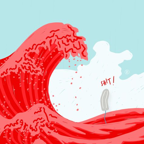 A tampon that gets caught by a gigantic blood wave inspired by the painting "The great wave off kanagawa". I create funny and educational period illustration, because humour is the best way to break a taboo. You can get my illustration as digital download for prints and web. Period Art, Art About Menstruation, Period Stickers, Menstruation Illustration Art, Menstruation Humor Period Problems Funny, Period Illustration Menstruation, Girl Period Illustration, Period Memes Funny, Meme Menstruation