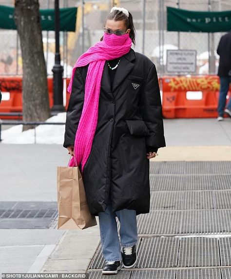 Bella Hadid braves the winter weather in a chic Prada coat and a long hot pink scarf | Daily Mail Online Pink Scarf Outfit Winter, Pink Scarf Outfit, Prada Coat, Scarf Outfit Winter, Hot Pink Scarf, Bella Hadid Street Style, 13 February, Hailey Rhode Baldwin, Bella Hadid Outfits