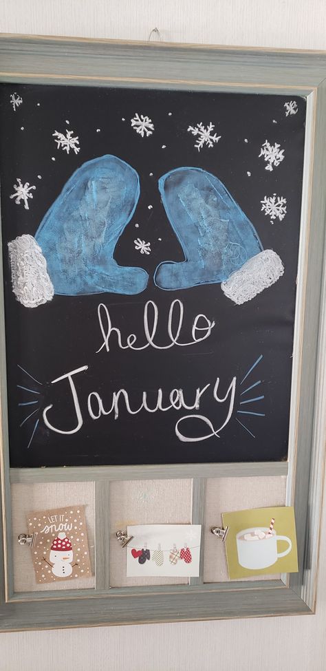 Chalkboard Designs January, Winter Chalkboard Art Easy, Winter Whiteboard Art, Monthly Chalkboard Ideas, Chalk Bored Designs, New Years Chalkboard Art, January Chalkboard Art, January Chalkboard Ideas, Winter Chalk Art