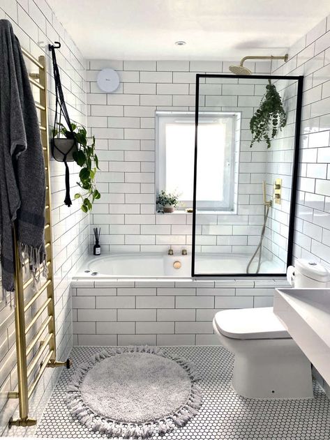 A Subway-Tiled Family Bathroom Remodel By Ferren Gipson Tiled Bathroom, Bathroom With Tub, Subway Tiles Bathroom, Bathroom Tub, Tub Shower Combo, Bathroom Update, Family Bathroom, Bathroom Renos, White Tiles