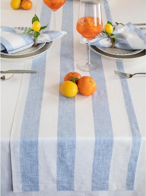 Amazon.com: Solino Home Cabana Stripe Linen Table Runner 36 inches – 100% Pure Linen 14 x 36 Inch Table Runner, Sky Blue and White – Small Coffee Farmhouse Table Runner for Spring, Easter, Mother's Day, Summer : Home & Kitchen Extra Long Table Runners, Farmhouse Table Runner, White Table Runner, Stripe Table, Table Wear, Farmhouse Table Runners, Table Runner Size, Casual Entertaining, Dining Table Runners