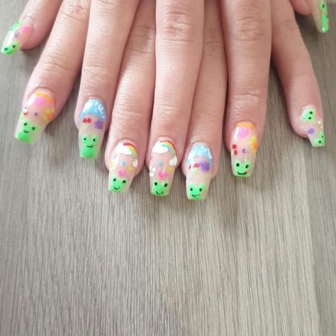 Acrylic Nails For Kids, Painted Frogs, Frog Nails, Natural Nail Tips, Em Nails, Black French Nails, Medium Coffin, Long Press On Nails, Halloween Press On Nails