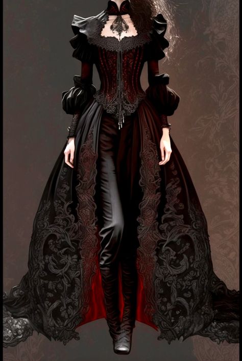 Gothic Clothing Drawing, Goth Victorian Dress Drawing, Elegant Vampire Dress, Vampire Outfit Female Drawing, Dragon Scale Dress Fantasy Gowns, Gothic Fantasy Clothing, Vampire Fantasy Outfit, Demon Princess Outfit, Fantasy Masquerade Outfit