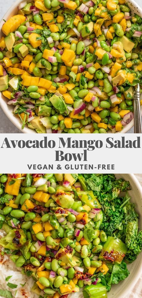 This avocado mango salad bowl combines fresh mango, avocado, and edamame with flavorful chili oil. Perfect to enjoy as a snack or an easy vegetarian dinner. Mango Spinach Salad, Mango Edamame Salad, Mango Chickpea Salad, Vegan Mango Salad, Mango Avocado Salad Recipe, Raw Bowls, Mango Salad Recipes, Mango Dinner, Avocado Mango Salad