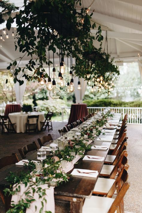 Indoor Greenery Wedding, Garden Wedding Food Ideas, Botanical Garden Wedding Reception, Urban Garden Wedding, Biophilic Wedding, Fall Garden Wedding Ideas, Hanging Greenery Wedding, Diy Wedding Greenery, Edison Bulb Wedding