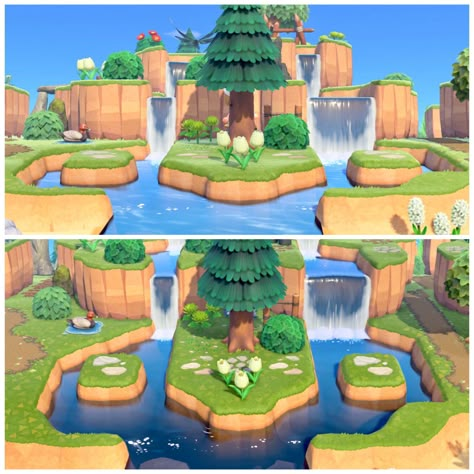 Acnh River End Ideas, Animal Crossing River Design, Animal Crossing Water Fall Ideas, River Acnh Ideas, Rivers Animal Crossing, Cliff Ideas Animal Crossing, River Mouth Ideas Animal Crossing, Acnh South River Mouth Ideas, Animal Crossing River Mouth Ideas