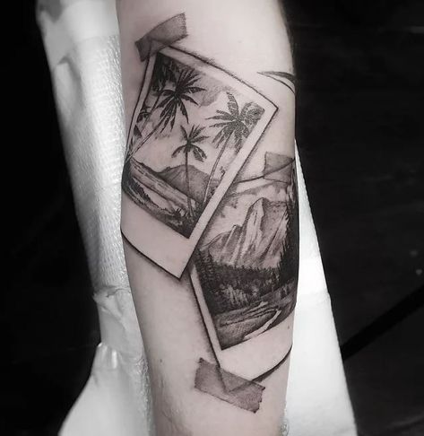 Wanderlust Polaroid Tattoo #vacationmode #beachtattoo #beach #mountains #polaroid #travel #wanderlust Polaroid Tattoo, Niece Tattoo, Nova Tattoo, Map Tattoos, Wicked Tattoos, Beach Tattoo, Tattoo Project, Grey Tattoo, Great Tattoos