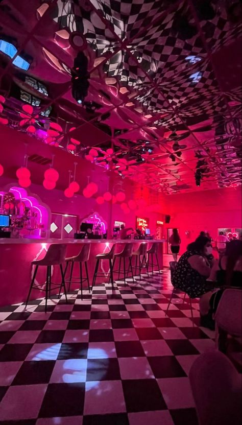 Checkered floor | pink bar Modern Club Design, Pink Checkered Floor, Pink Night Club, Drag Bar, 90s Bar, Club Decor Nightclub Design, Checker Floor, Club Interior, Funky Bar