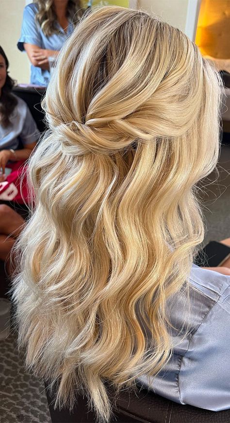 Hoco Hair White Girl, Cute Prom Hairstyles Down, Grad Hairstyles Down, Homecoming Hair Ideas Half Up, Formal Hairstyles Long Hair Down, Bridesmaid Hairstyles Half Up Half Down Middle Part, Half Up Half Down Hairstyle Bridesmaid, Prom Hair Down Hairstyles, Half Hair Wedding Styles