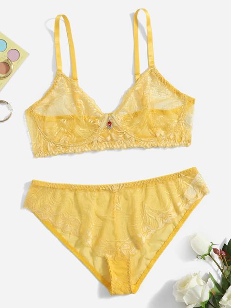 Yellow Romantic Collar   Plain Sexy Sets Embellished Slight Stretch  Women Plus Intimates Yellow Bra, Lingerie Set, Floral Lace, String Bikinis, New Arrivals, Lingerie, Bra, Collar, Lace