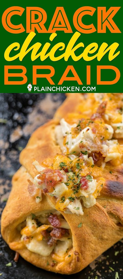 Cracked Out Chicken Braid recipe - crescent rolls stuffed with chicken, cheddar, bacon and ranch. SO easy!!! Great way to use up leftover chicken. We make this at least once a week! It is THE BEST!!! #chickenrecipe #kidfriendlyrecipe #dinnerrecipe #bacon Chicken Braid Recipe, Cracked Out Chicken, Chicken Braid, Pillsbury Crescent Recipes, Comforting Recipes, Pilsbury Recipes, Crescent Roll Recipes Dinner, Sandwiches Chicken, Recipes Using Crescent Rolls