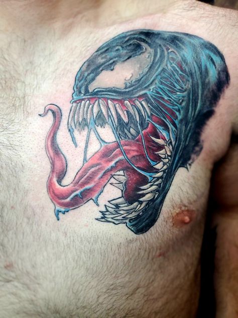 #marvel #venom #antihero #almostspiderman #chest #tattoo #color #colorpacked #studio13tattoomg Tattoo Color, Marvel Venom, Chest Tattoo, Venom, Marvel, Tattoos, Color, Logos