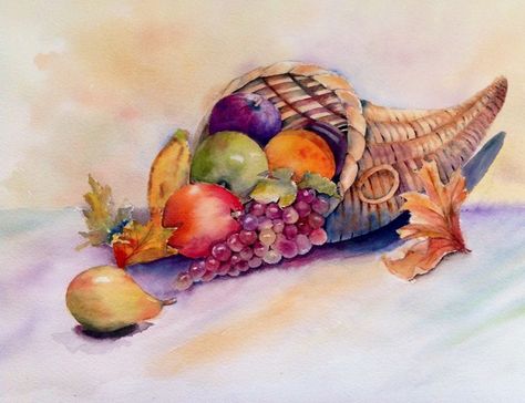 Cornucopia Art, Vegetables Watercolor, Art Gallery Home, Monochromatic Art, Water Coloring, Thanksgiving Art, Pressed Paper, Watercolor Fruit, Watercolor Ideas