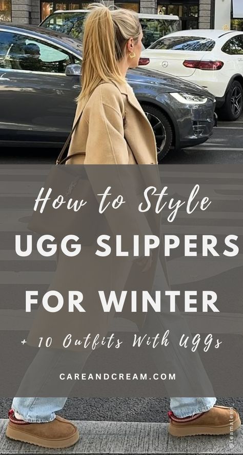 Looking for UGGs outfit ideas? Check out 10+ cozy and stylish ways to wear UGG slippers this season! Learn how to style UGG slippers, including UGG Tasman slippers outfit ideas and UGG Tazz slippers outfit ideas. From cute outfits with UGG slippers to comfy cold weather outfits, these winter outfits are perfect for any occasion! Womens Winter Slippers, Women’s Ugg Tasman Outfits, Winter Outfits With Ugg Slippers, How To Wear Ugg Tazz, How To Dress Up Ugg Boots, How To Wear Tazz Uggs, Slipper Outfits Women, Business Casual Outfits With Uggs, Cute Ugg Slipper Outfits