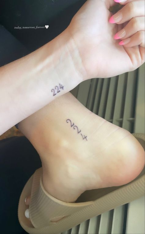 today, tomorrow, forever, tattoos w the twin sis, love u forever🤍 Minimalist Twin Tattoo, 224 Tattoo Ideas Women, Same Birthday Tattoo, Twin Name Tattoo Ideas, Fraternal Twin Tattoos, Forever 22 Tattoo, 4better 4worse 4life Tattoo, Twin Tattoos Ideas, Small Tattoos For Besties