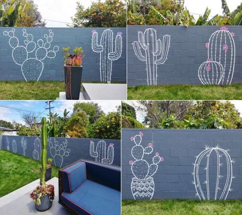 DIY Outdoor Wall Mural Ideas Garden Wall Graffiti Ideas, Wall Murals Painted Outdoor Brick, Backyard Wall Ideas Paint, Block Wall Mural Backyard, Cinder Block Mural Ideas, Patio Wall Painting Ideas, Painted Garden Walls Ideas, Art Deco Mural Diy Wall, Painted Backyard Wall