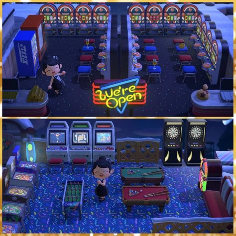 Sprinkles on Instagram: “Peaceful night at the casino and arcade 🎰💰🕹🎮🎯” Animal Crossing Arcade Ideas, Arcade Animal Crossing, Acnh Arcade Outside, Acnh Arcade, Game Decor, Peaceful Night, Animal Crossing Wild World, Acnh Ideas, New Animal Crossing