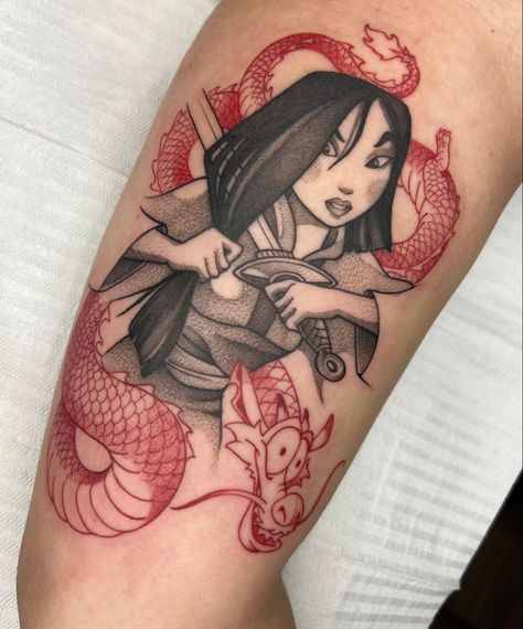 Disney Princesses Tattoo, Mulan Inspired Tattoos, Mushu Mulan Tattoo, Mulan Tattoo Minimalist, Disney Tattoo Sleeves For Women, Street Style Tattoos, Mulan Tattoo, Disney Sleeve Tattoos, Outer Forearm Tattoo