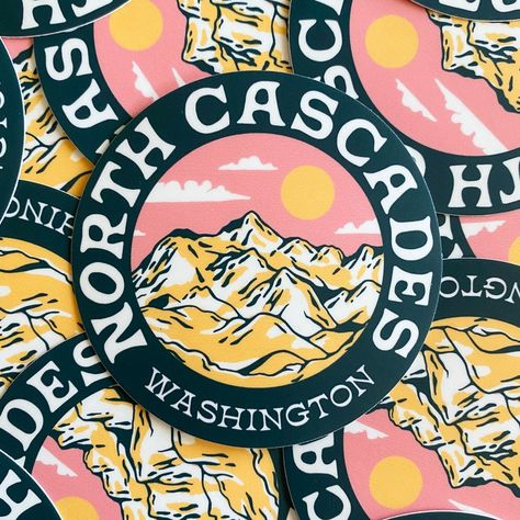 Brand new North Cascades mountain range sticker. Washington state U.S.A. illustrated travel design Cascades National Park, Vintage Postcards Travel, Pacific Northwest Art, Cascade National Park, Colorful Mountains, North Cascades National Park, High Mountain, North Cascades, Usa Print