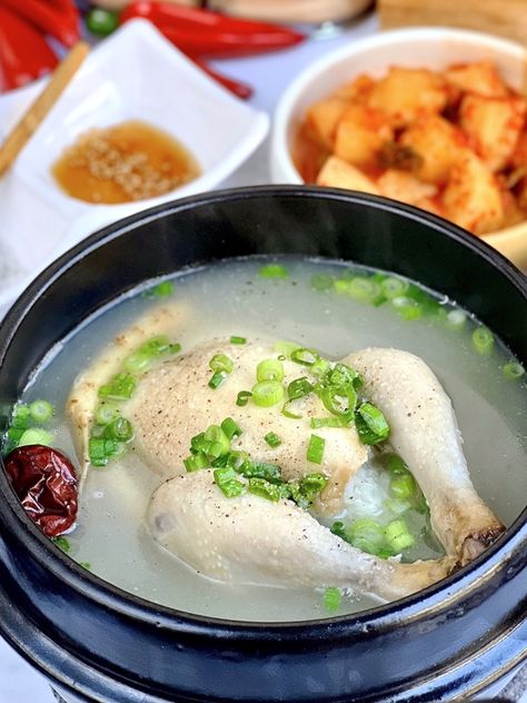 Samgyetang (Ginseng Chicken Soup) Korean Chicken Soup Recipe, Ginseng Chicken Soup, Authentic Mexican Rice, Radish Kimchi, Korean Recipes, Korean Dishes, Mexican Rice, Long Grain Rice, Glutinous Rice