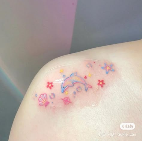 Kawaii Shoulder Tattoo, Cute Tattoos With Color, Pastel Tattoo Sleeve, Cute Colourful Tattoos, Kawaii Tattoo Ideas, Pastel Tattoos, Colourful Tattoo, Pastel Tattoo, Tattoo Colors