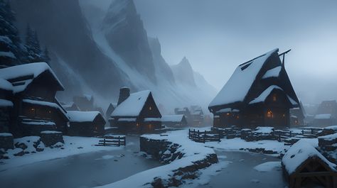 A fantasy-inspired snowy village lost in the mountains. From photography taken in my travels in the Caucasus Mountains to generative AI models, dreams can take a digital form accessible to all. Fantasy Mountain Village, Winter Village, Snowy Village, Fantasy Winter Village, Fantasy Snow Village, Snowy Mountain Village Fantasy Art, Snowy Fantasy Village, Snowy Village Fantasy Art, Fantasy Ice Mountain