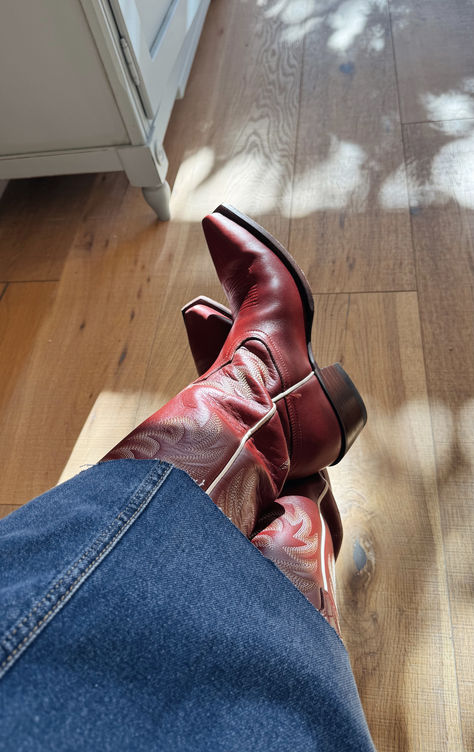 Tecovas’s cowgirl boots - red boots Red Tecovas Outfit, Cowgirl Boots Red, Red Tecovas, Red Cowboy Boots Aesthetic, Cowboy Boots Aesthetic, Red Cowgirl Boots, Fancy Footwear, Red Cowboy Boots, Red Boots