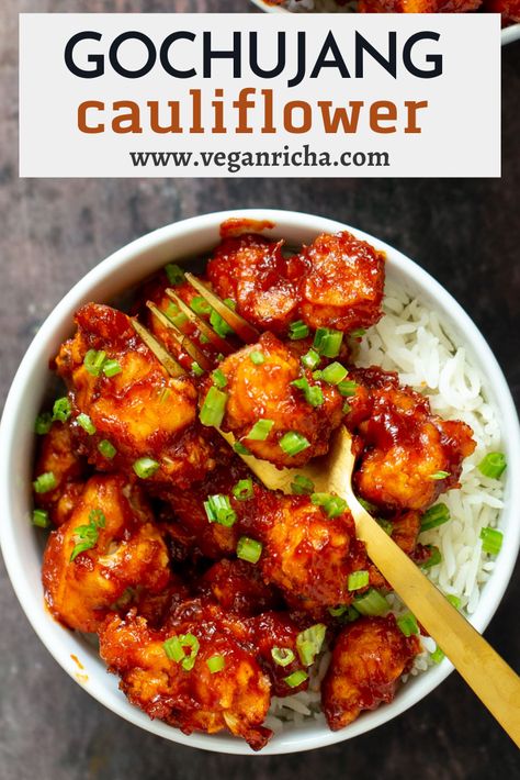 Sweet-spicy-crunchy Gochujang Cauliflower can be served as an appetizer or an entree! Gochujang Cauliflower Wings make a perfect game day snack, or serve over rice for a delicious, veggie dinner. Gochujang Cauliflower Recipe, Gochujang Cauliflower, Asian Chili Sauce, Gochujang Recipe, Sticky Sesame Cauliflower, Ninja Grill, Korean Chili Paste, Serve Over Rice, Gold Food