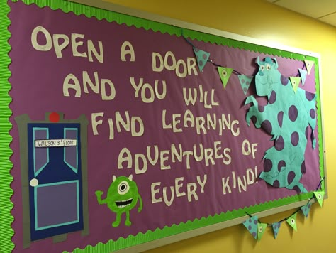 Monsters Inc. Adventure Bulletin Board- New semester RA Monster Ink Classroom Theme, Monsters Inc Classroom Transformation, Disney Welcome Back Bulletin Board, Monsters University Classroom Theme, Monster Inc Bulletin Board, Monsters University Bulletin Board, Monsters Inc Bulletin Board Ideas, Monsters Inc Classroom Door, Monsters Inc Decorations Classroom