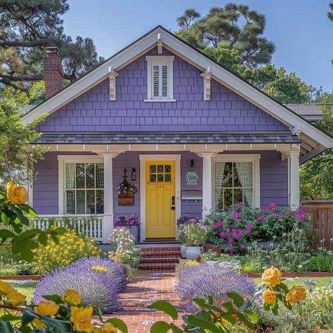 Purple House Exterior Lavender, Colorful Craftsman Exterior, Colorful Homes Exterior, Fun House Exterior Colors, Green And Purple House Exterior, Cottage Exterior Colors Schemes, Unique Exterior House Colors, Purple House Exterior, Colorful House Exterior