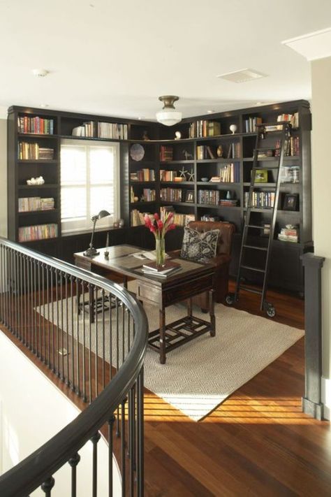 Loft Library Ideas, Bookshelf Handmade, Loft Library, Comfy Reading Chair, Casa Clean, Home Office Library, Loft Office, Stair Case, Home Library Design